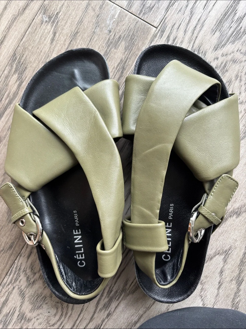 Celine Olive Green Leather Crisscross Slingback Sandals - Picture 7 of 8